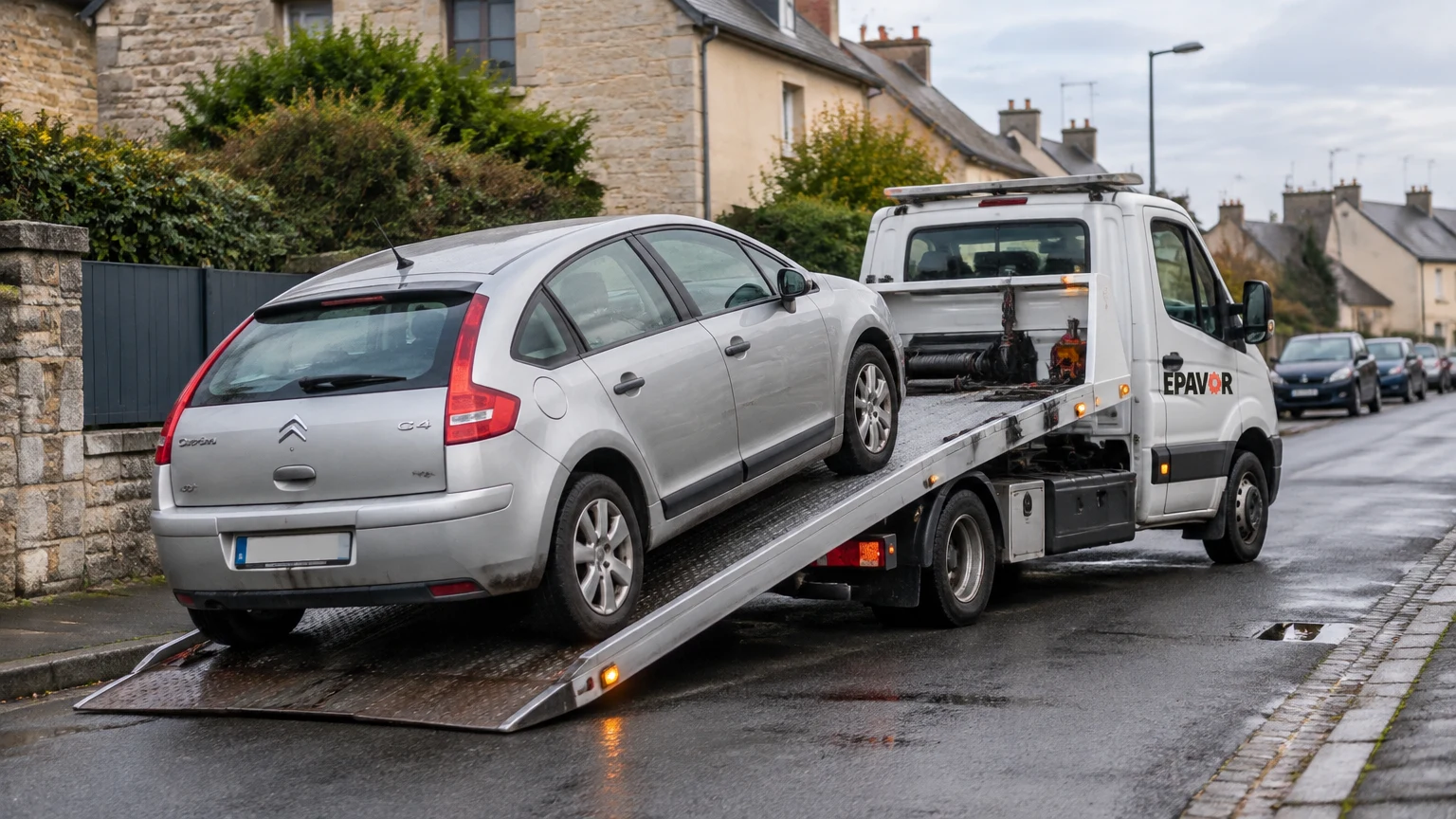 Illustration d’un enlèvement d’épave à Dol-de-Bretagne avec une dépanneuse — service d’épaviste.