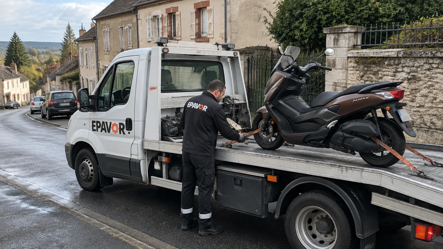 Illustration d’un enlèvement d’épave à Dormans avec une dépanneuse — service d’épaviste.
