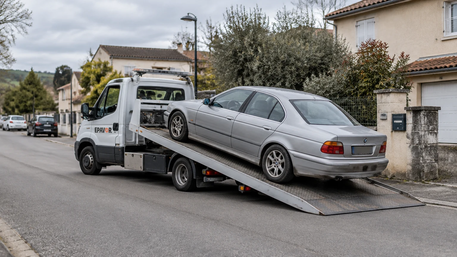 Illustration d’un enlèvement d’épave à Eauze avec une dépanneuse — service d’épaviste.