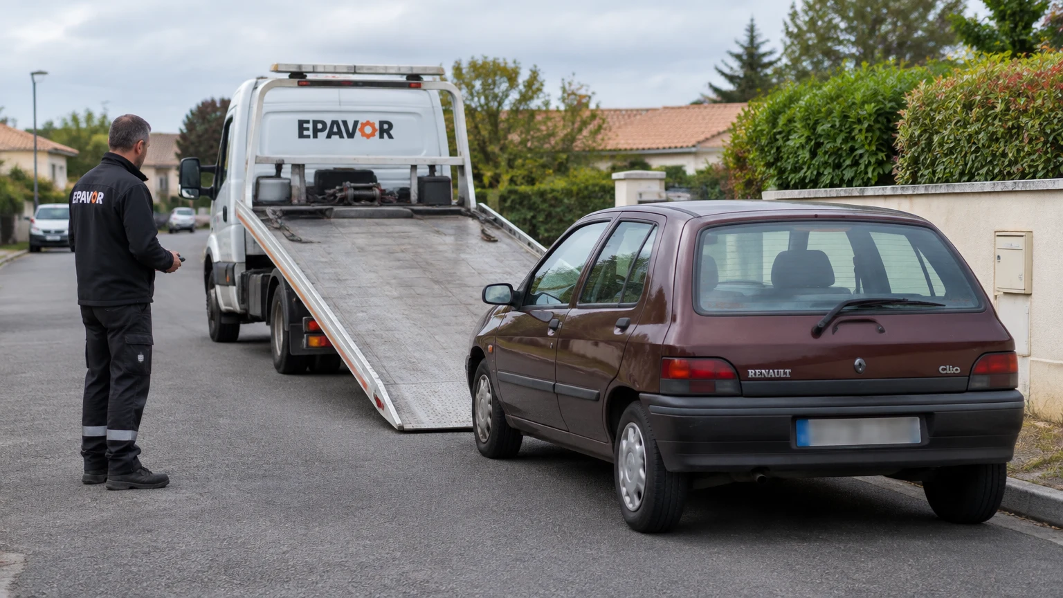 Illustration d’un enlèvement d’épave à Échillais avec une dépanneuse — service d’épaviste.
