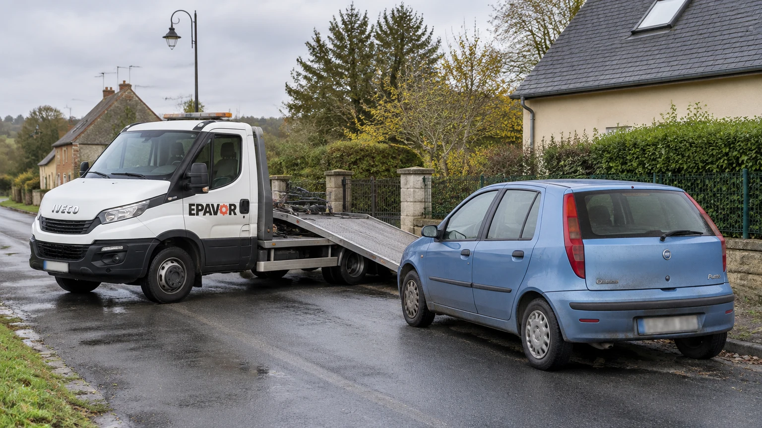 Illustration d’un enlèvement d’épave à Écos avec une dépanneuse — service d’épaviste.