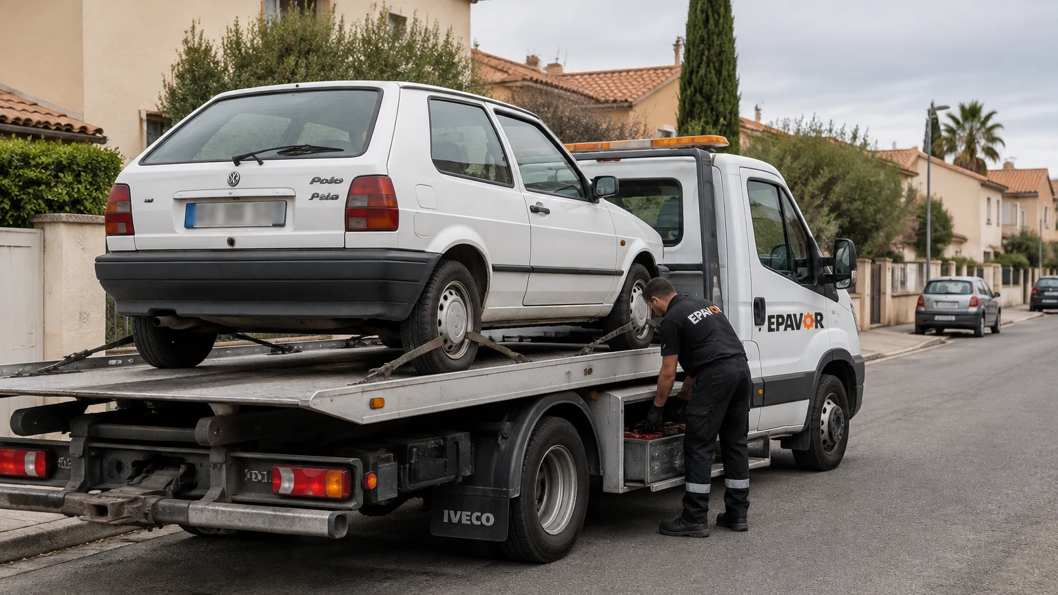 Illustration d’un enlèvement d’épave à Elne avec une dépanneuse — service d’épaviste.