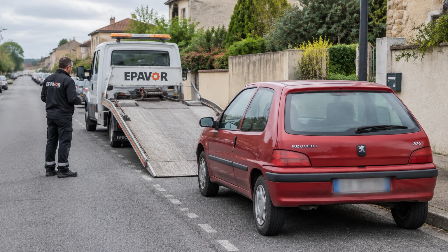 Illustration d’un enlèvement d’épave à Fleurance avec une dépanneuse — service d’épaviste.