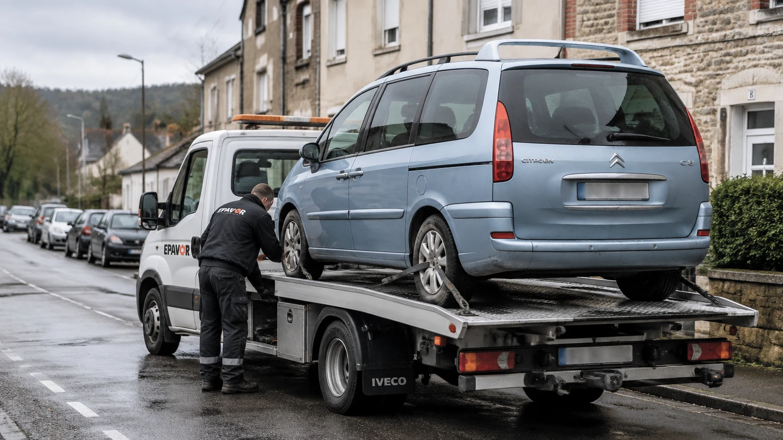 Illustration d’un enlèvement d’épave à Floing avec une dépanneuse — service d’épaviste.