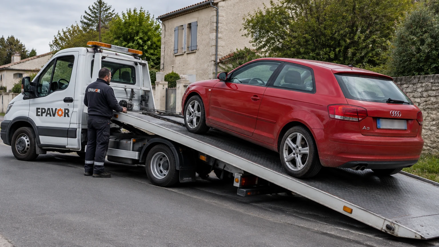 Illustration d’un enlèvement d’épave à Fontcouverte avec une dépanneuse — service d’épaviste.