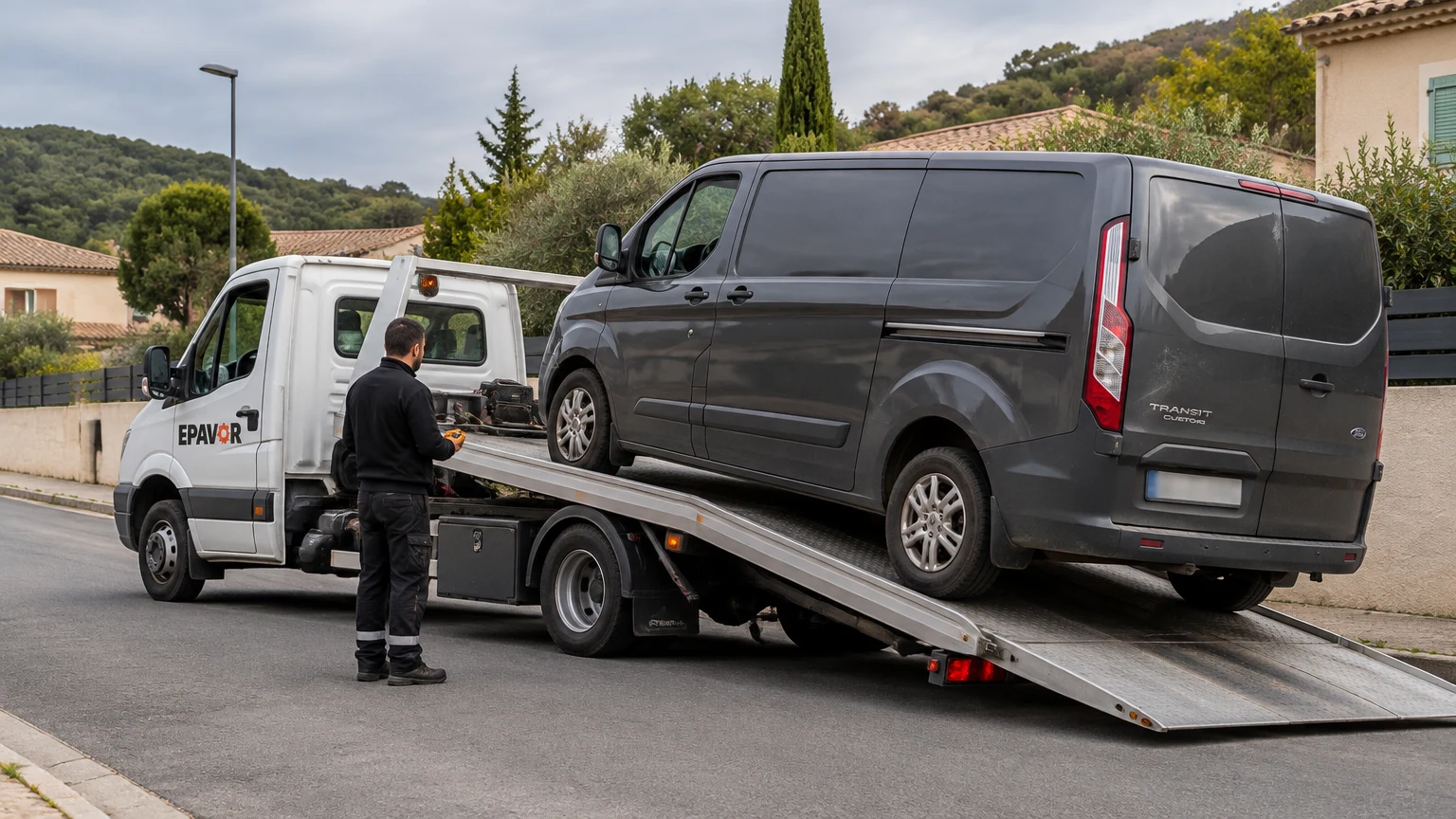 Illustration d’un enlèvement d’épave à Forcalqueiret avec une dépanneuse — service d’épaviste.