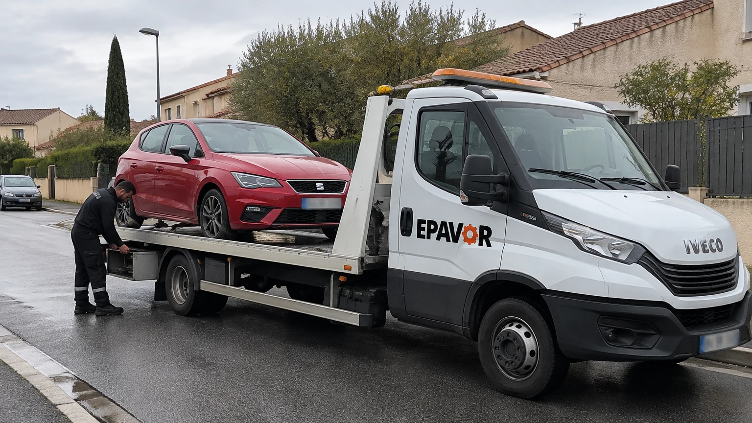 Illustration d’un enlèvement d’épave à Fos-sur-Mer avec une dépanneuse — service d’épaviste.
