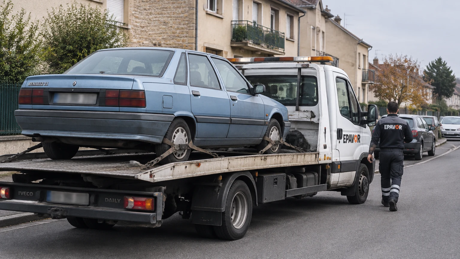 Illustration d’un enlèvement d’épave à Freneuse avec une dépanneuse — service d’épaviste.