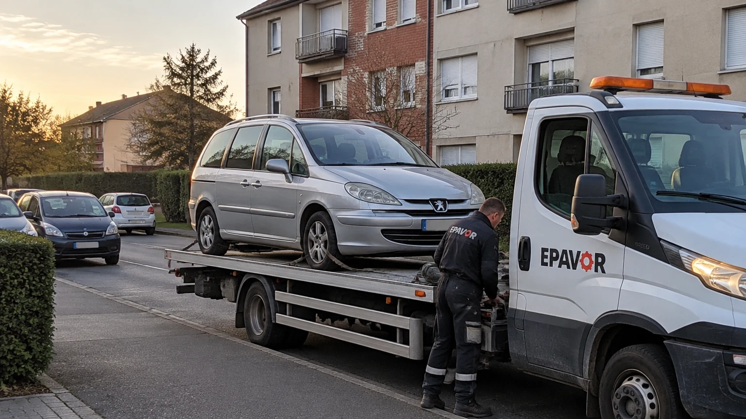 Illustration d’un enlèvement d’épave à Friville-Escarbotin avec une dépanneuse — service d’épaviste.