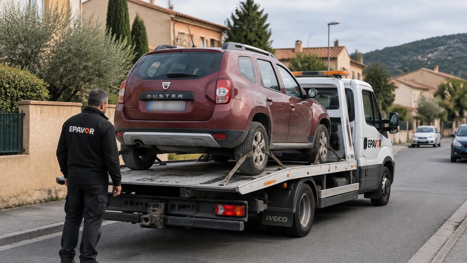 Illustration d’un enlèvement d’épave à Gonfaron avec une dépanneuse — service d’épaviste.