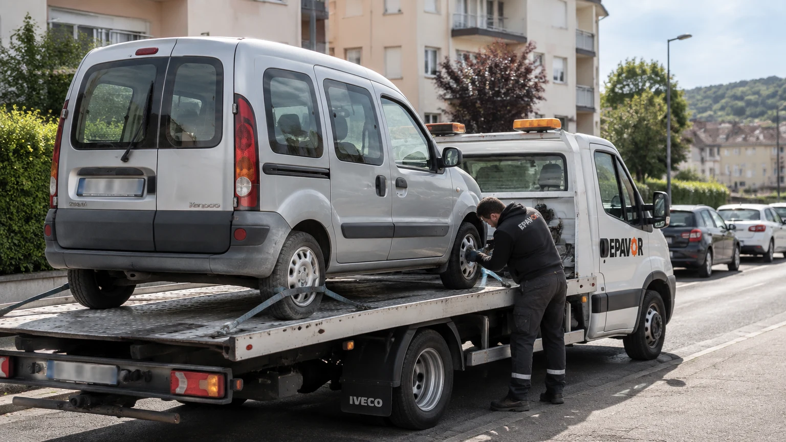 Illustration d’un enlèvement d’épave à Grand-Charmont avec une dépanneuse — service d’épaviste.