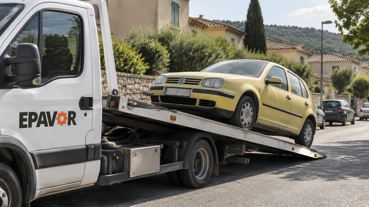 Illustration d’un enlèvement d’épave à Gréoux-les-Bains avec une dépanneuse — service d’épaviste.