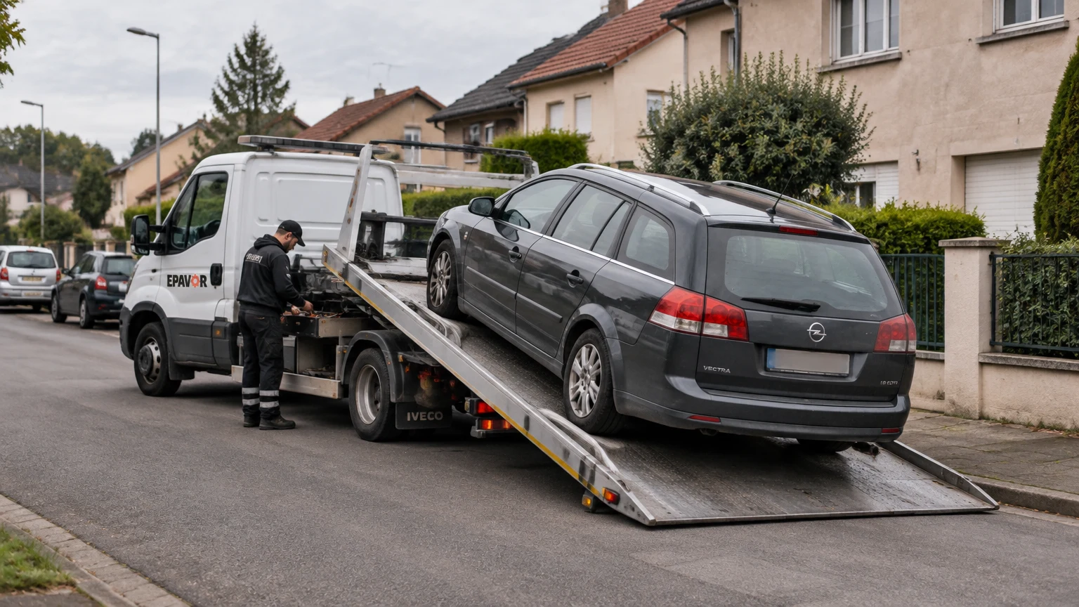 Illustration d’un enlèvement d’épave à Guénange avec une dépanneuse — service d’épaviste.