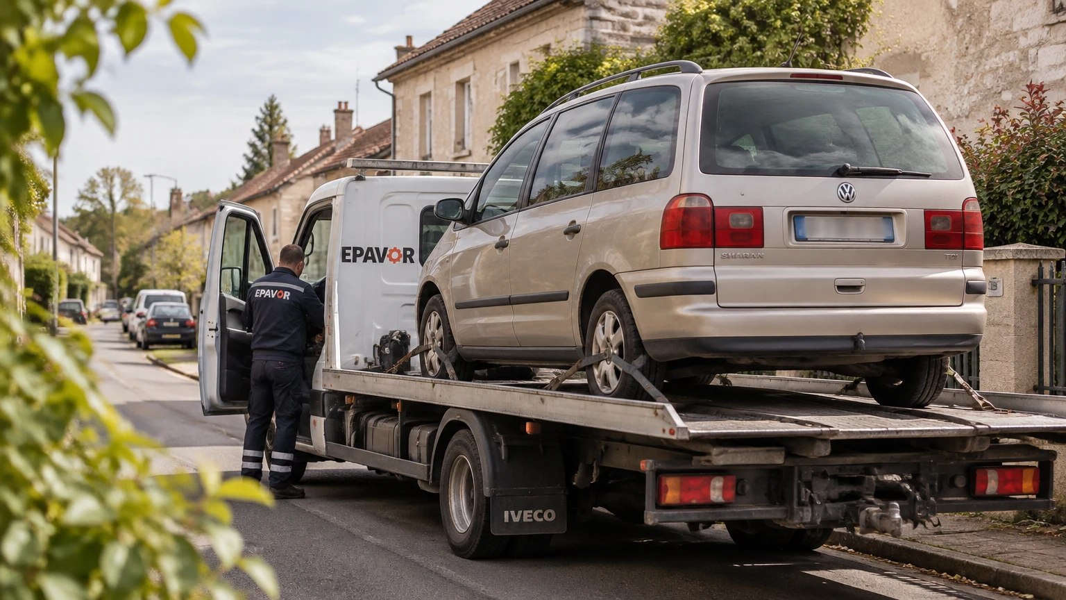 Illustration d’un enlèvement d’épave à Guérard avec une dépanneuse — service d’épaviste.