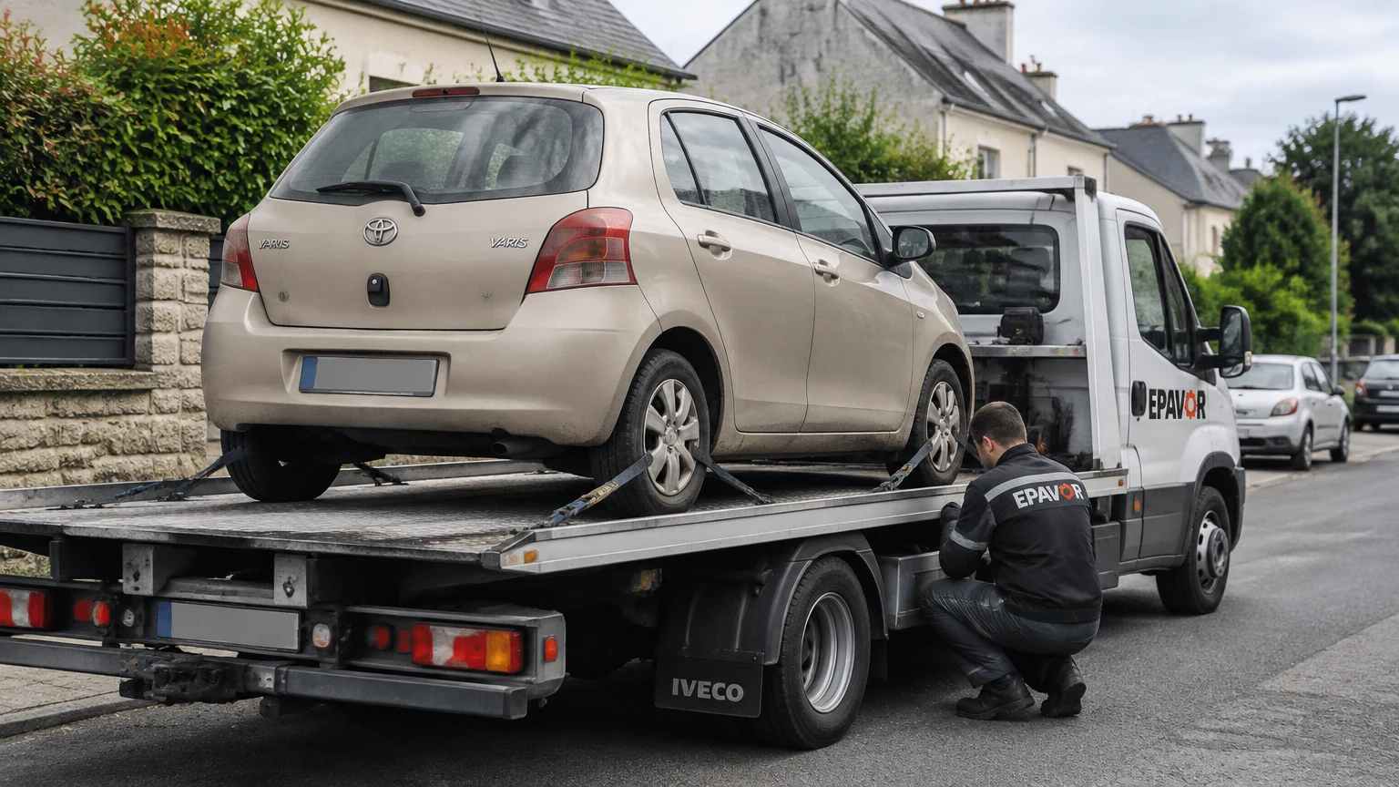 Illustration d’un enlèvement d’épave à Guingamp avec une dépanneuse — service d’épaviste.