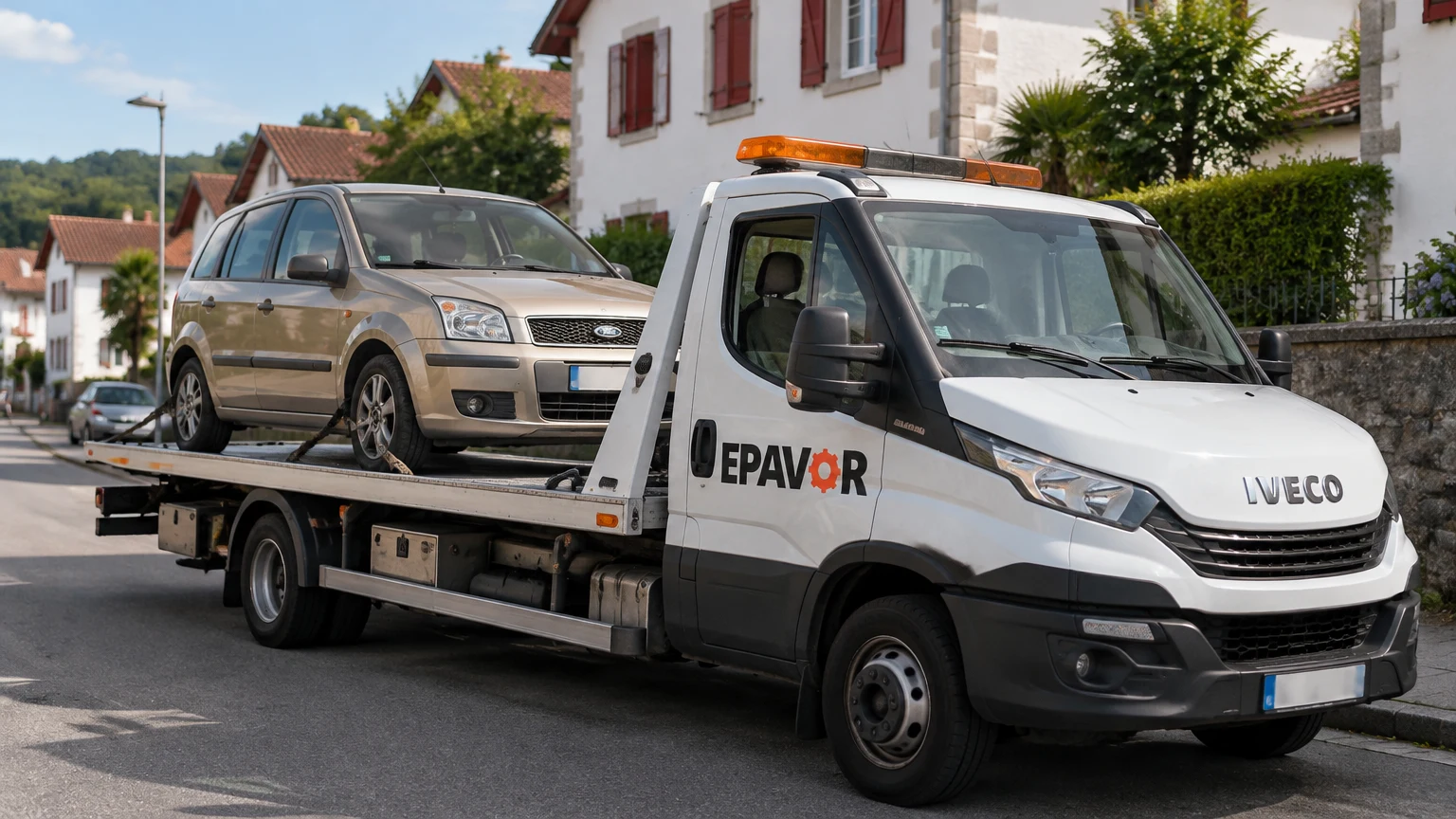 Illustration d’un enlèvement d’épave à Hasparren avec une dépanneuse — service d’épaviste.