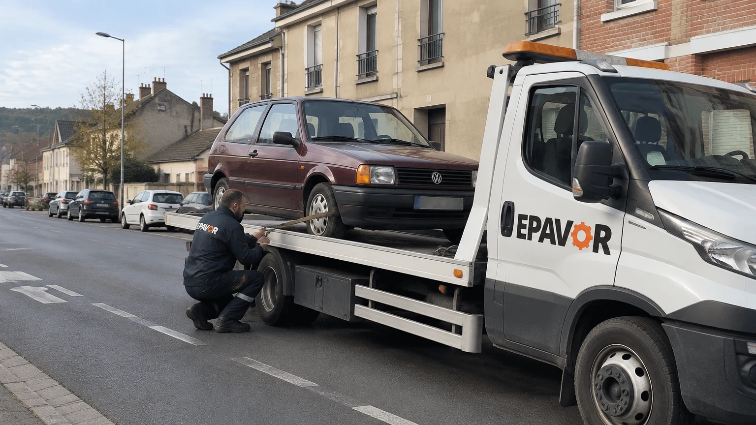 Illustration d’un enlèvement d’épave à L' Aigle avec une dépanneuse — service d’épaviste.