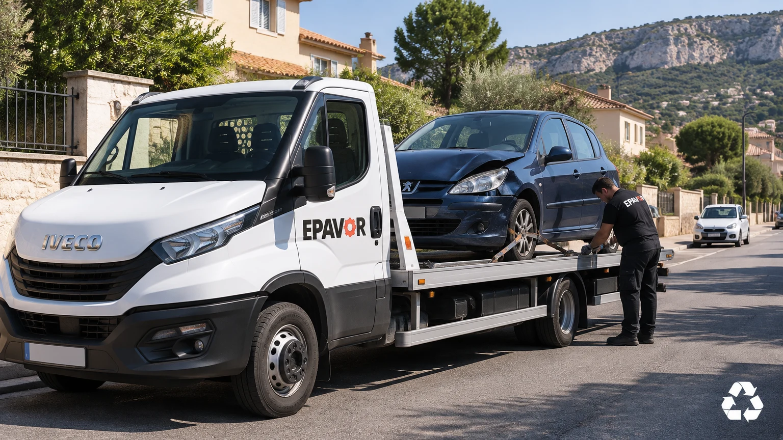 Illustration d’un enlèvement d’épave à La Ciotat avec une dépanneuse — service d’épaviste.