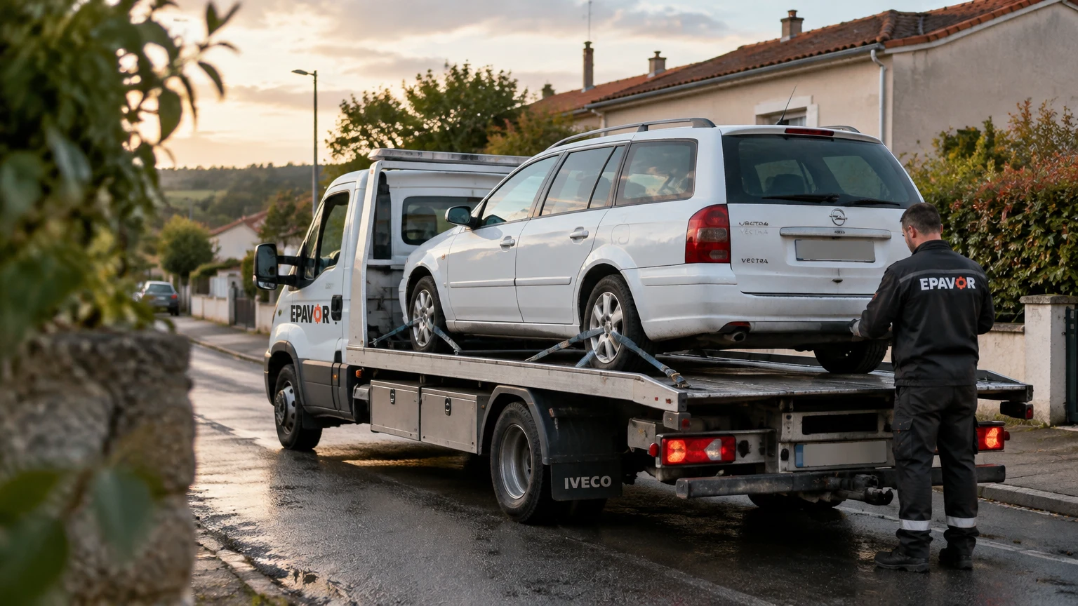 Illustration d’un enlèvement d’épave à La Flocellière avec une dépanneuse — service d’épaviste.