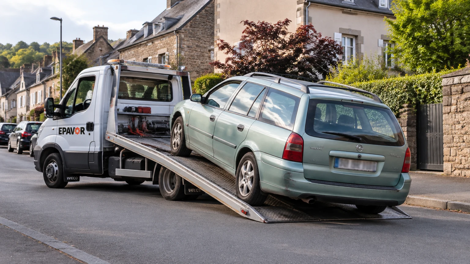 Illustration d’un enlèvement d’épave à La Gacilly avec une dépanneuse — service d’épaviste.