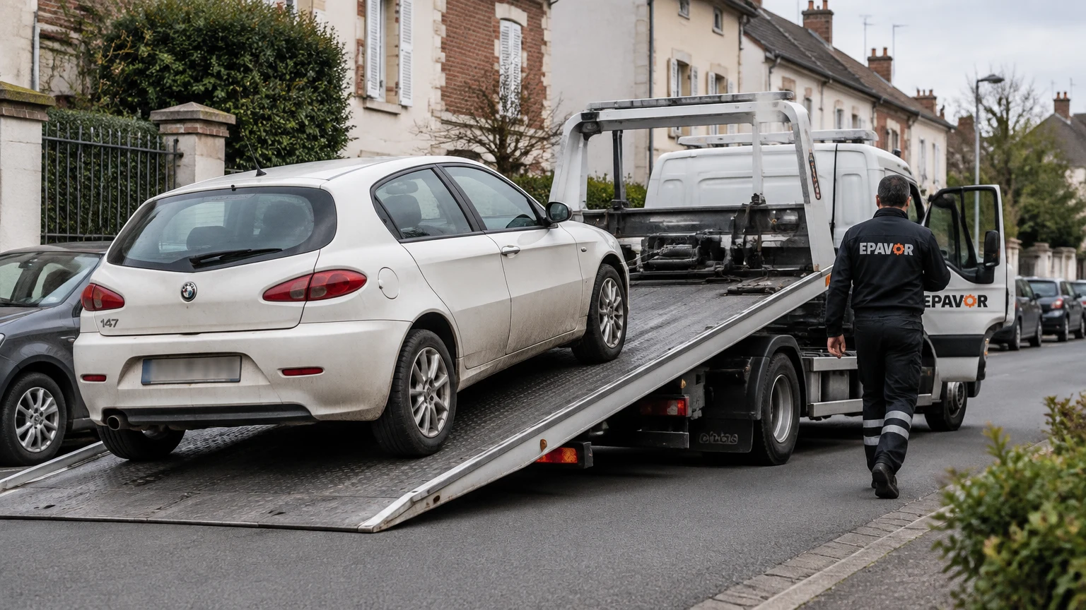 Illustration d’un enlèvement d’épave à La Loupe avec une dépanneuse — service d’épaviste.