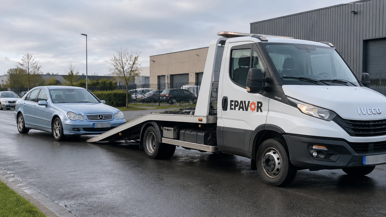 Illustration d’un enlèvement d’épave à La Mézière avec une dépanneuse — service d’épaviste.
