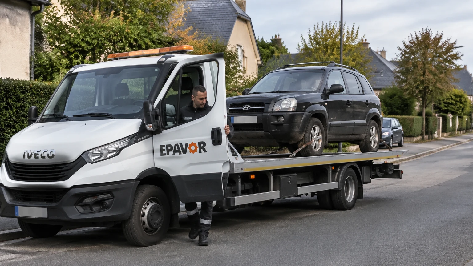 Illustration d’un enlèvement d’épave à La Rivière-Saint-Sauveur avec une dépanneuse — service d’épaviste.