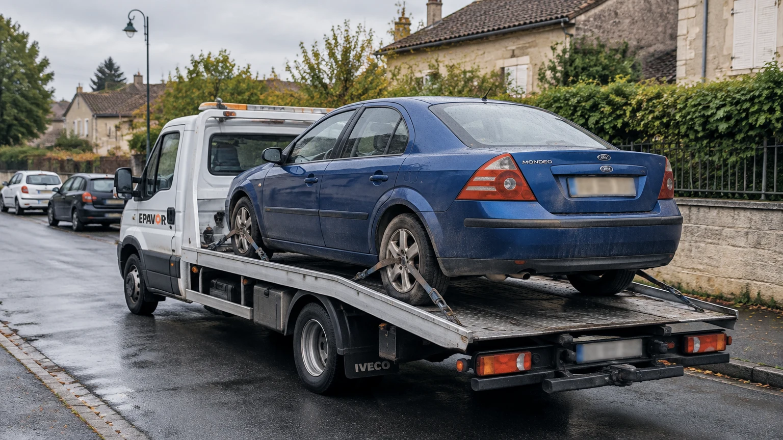 Illustration d’un enlèvement d’épave à La Roche-Chalais avec une dépanneuse — service d’épaviste.