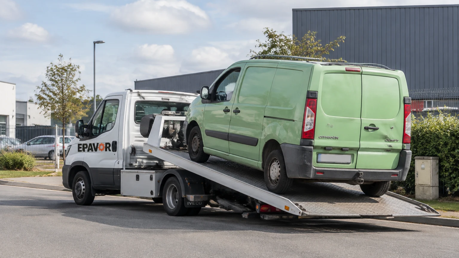 Illustration d’un enlèvement d’épave à Lécousse avec une dépanneuse — service d’épaviste.