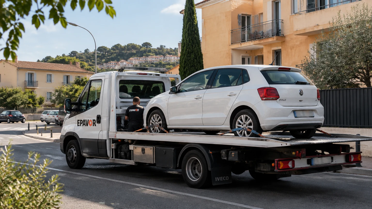 Illustration d’un enlèvement d’épave à Les Pennes-Mirabeau avec une dépanneuse — service d’épaviste.