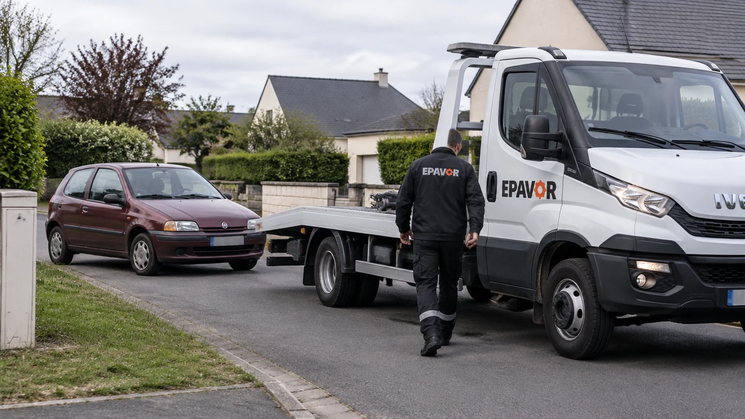Illustration d’un enlèvement d’épave à Lessay avec une dépanneuse — service d’épaviste.