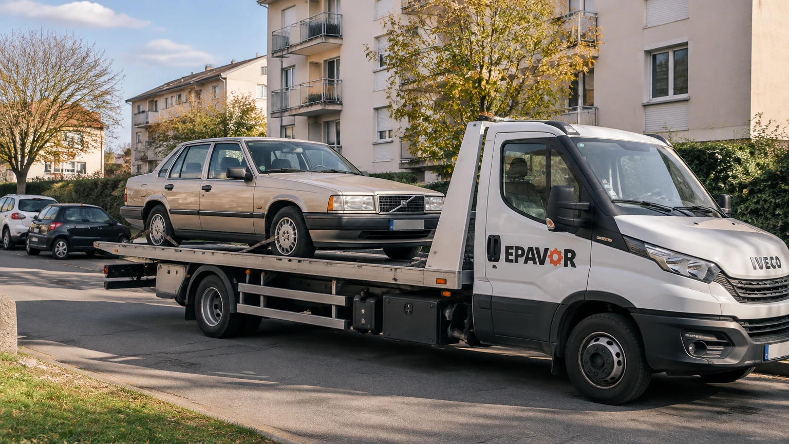 Illustration d’un enlèvement d’épave à Leuville-sur-Orge avec une dépanneuse — service d’épaviste.