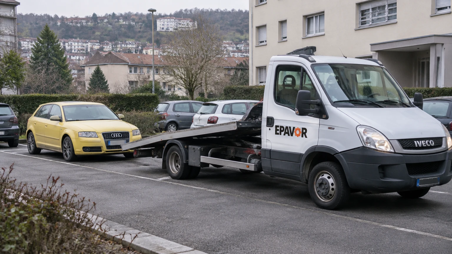 Illustration d’un enlèvement d’épave à Longwy avec une dépanneuse — service d’épaviste.