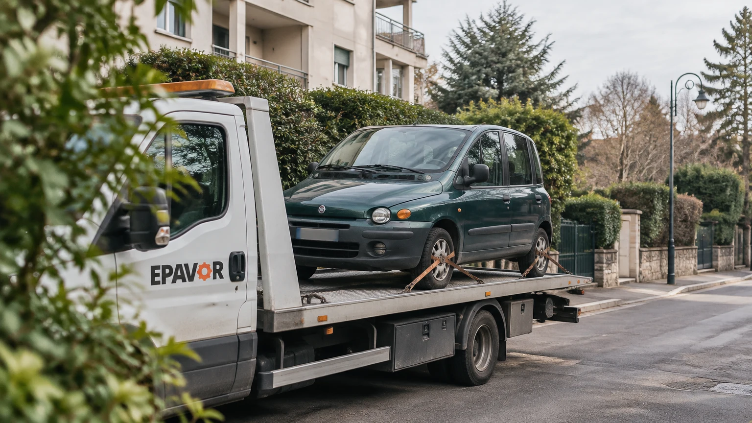Illustration d’un enlèvement d’épave à Louveciennes avec une dépanneuse — service d’épaviste.