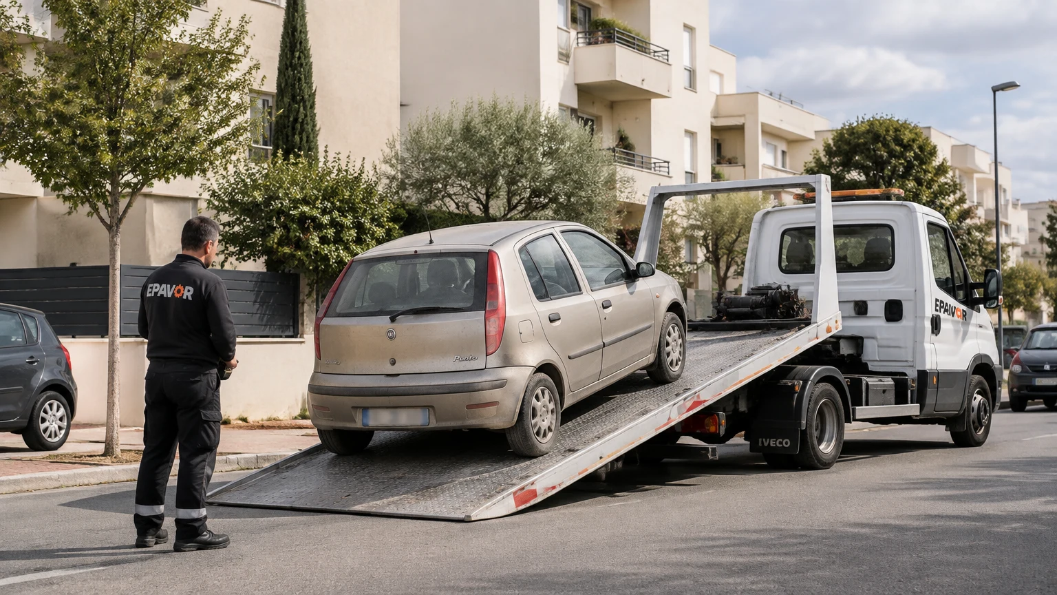 Illustration d’un enlèvement d’épave à Lunel avec une dépanneuse — service d’épaviste.