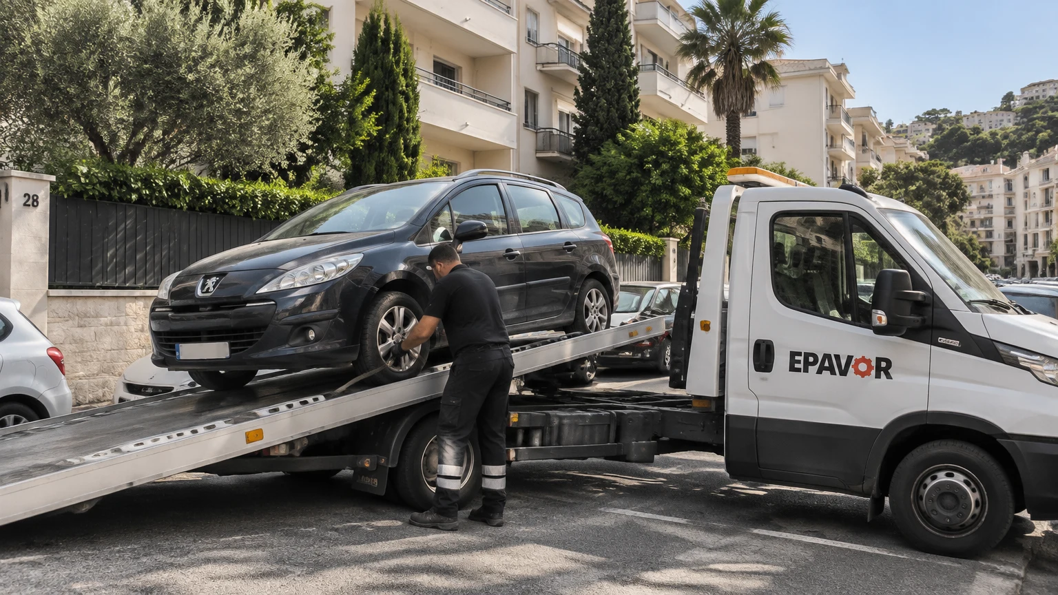Illustration d’un enlèvement d’épave à Marseille 8e Arrondissement avec une dépanneuse — service d’épaviste.