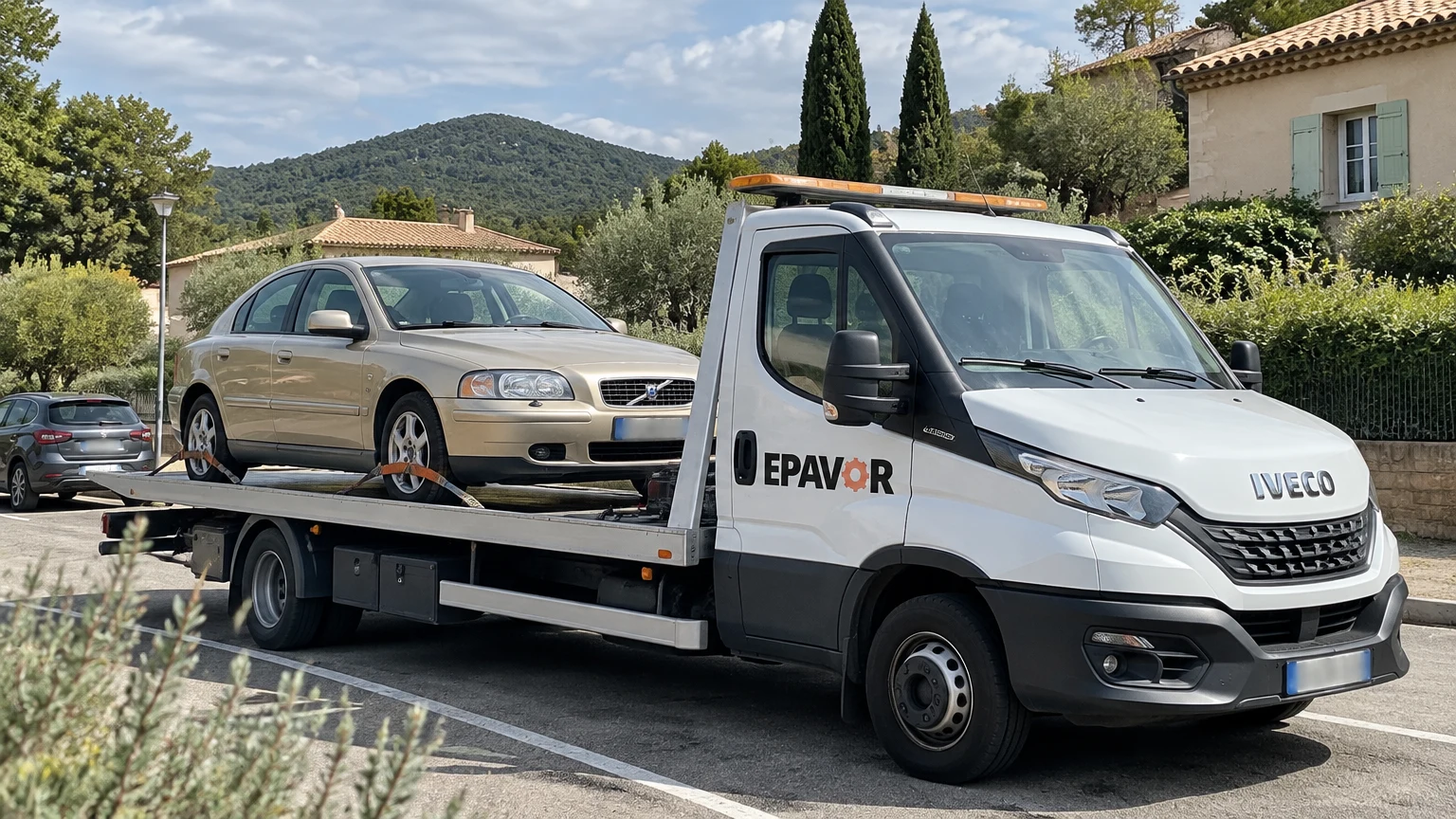 Illustration d’un enlèvement d’épave à Méounes-lès-Montrieux avec une dépanneuse — service d’épaviste.