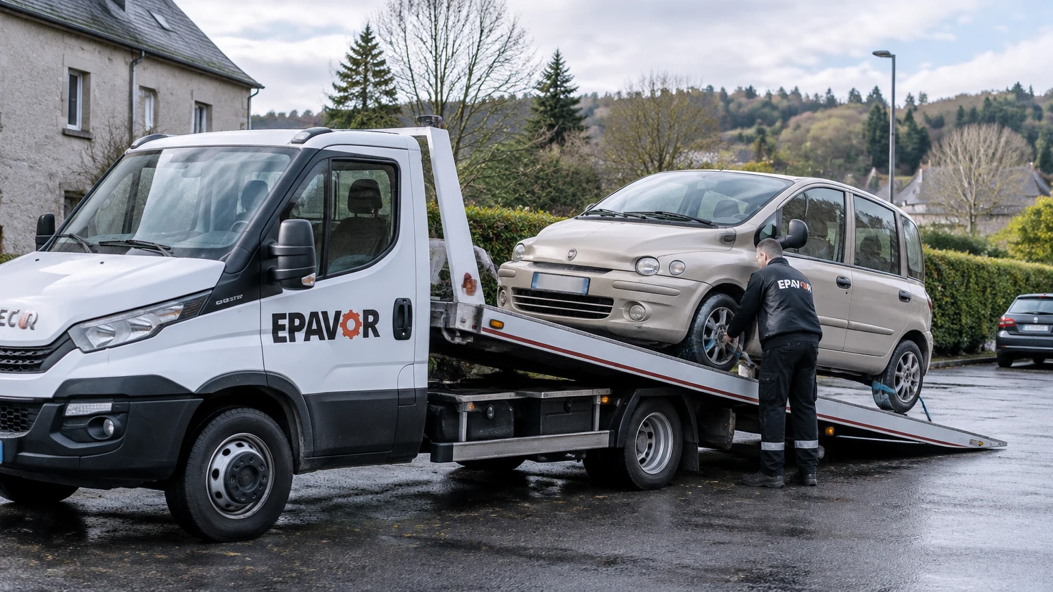 Illustration d’un enlèvement d’épave à Meymac avec une dépanneuse — service d’épaviste.