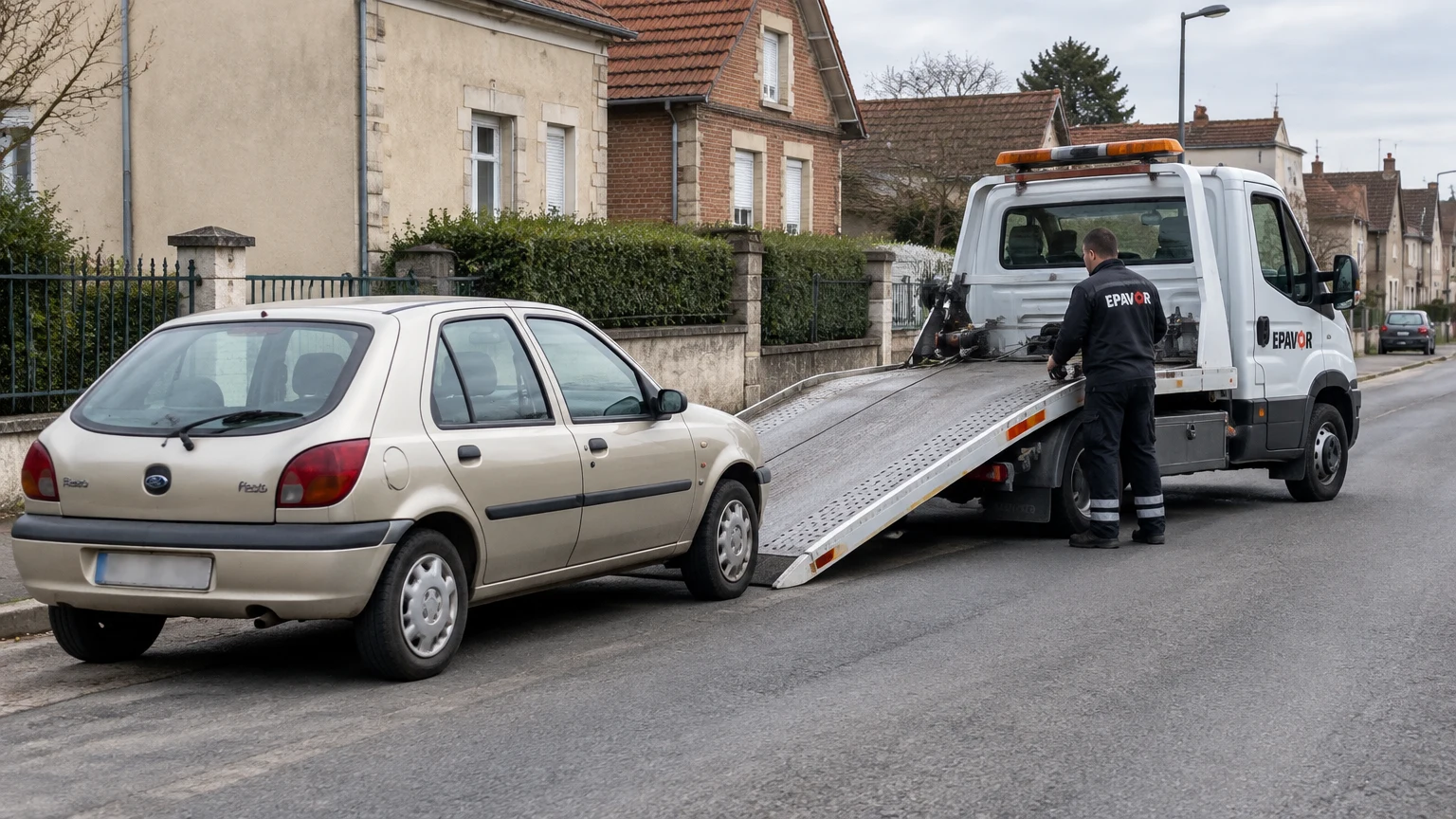 Illustration d’un enlèvement d’épave à Migennes avec une dépanneuse — service d’épaviste.