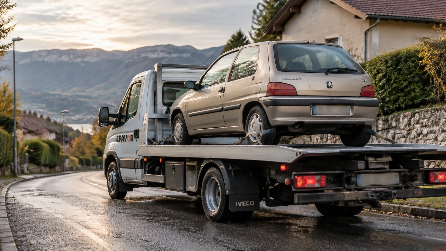 Illustration d’un enlèvement d’épave à Monnetier-Mornex avec une dépanneuse — service d’épaviste.