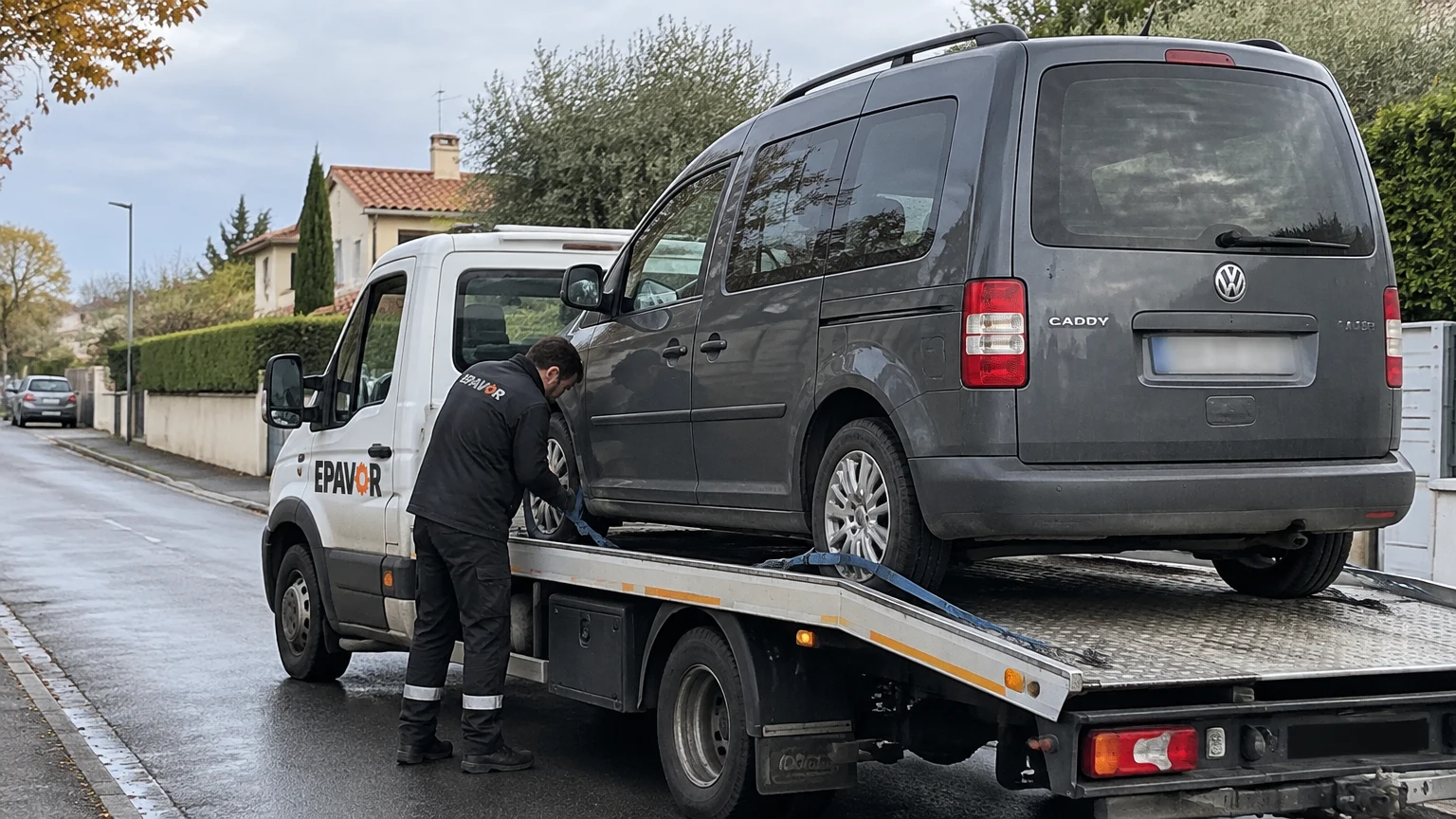Illustration d’un enlèvement d’épave à Montberon avec une dépanneuse — service d’épaviste.
