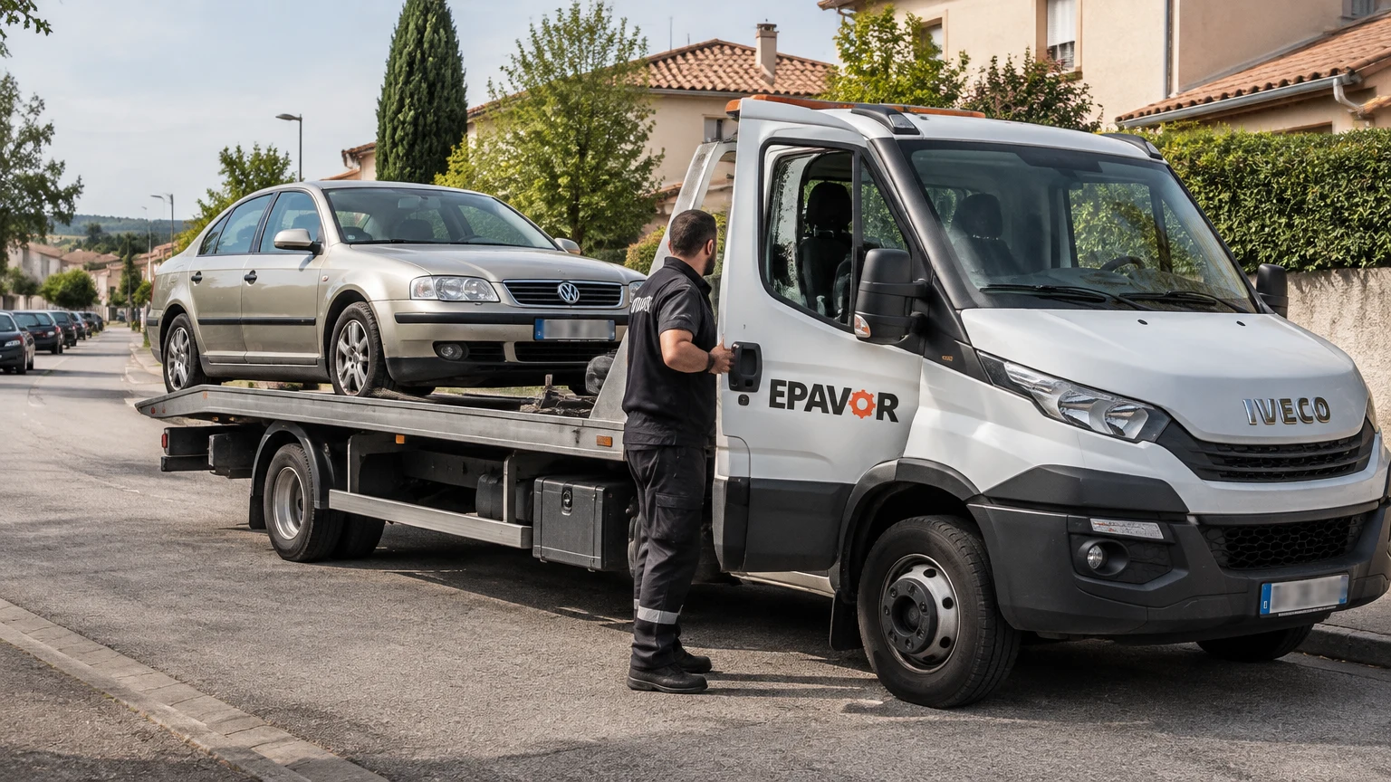 Illustration d’un enlèvement d’épave à Montélier avec une dépanneuse — service d’épaviste.