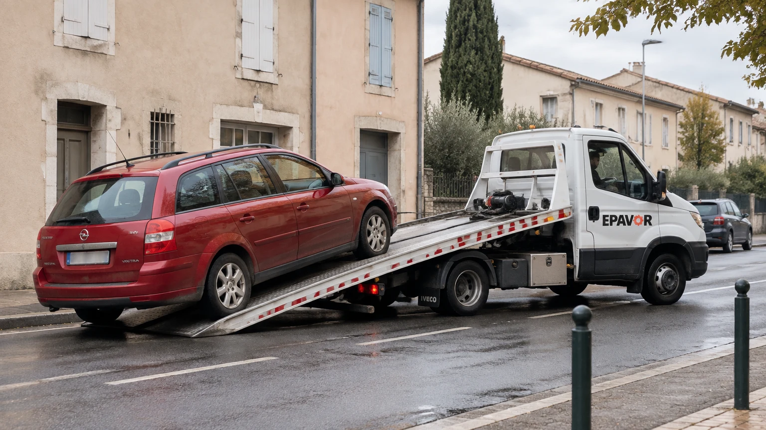 Illustration d’un enlèvement d’épave à Montfrin avec une dépanneuse — service d’épaviste.