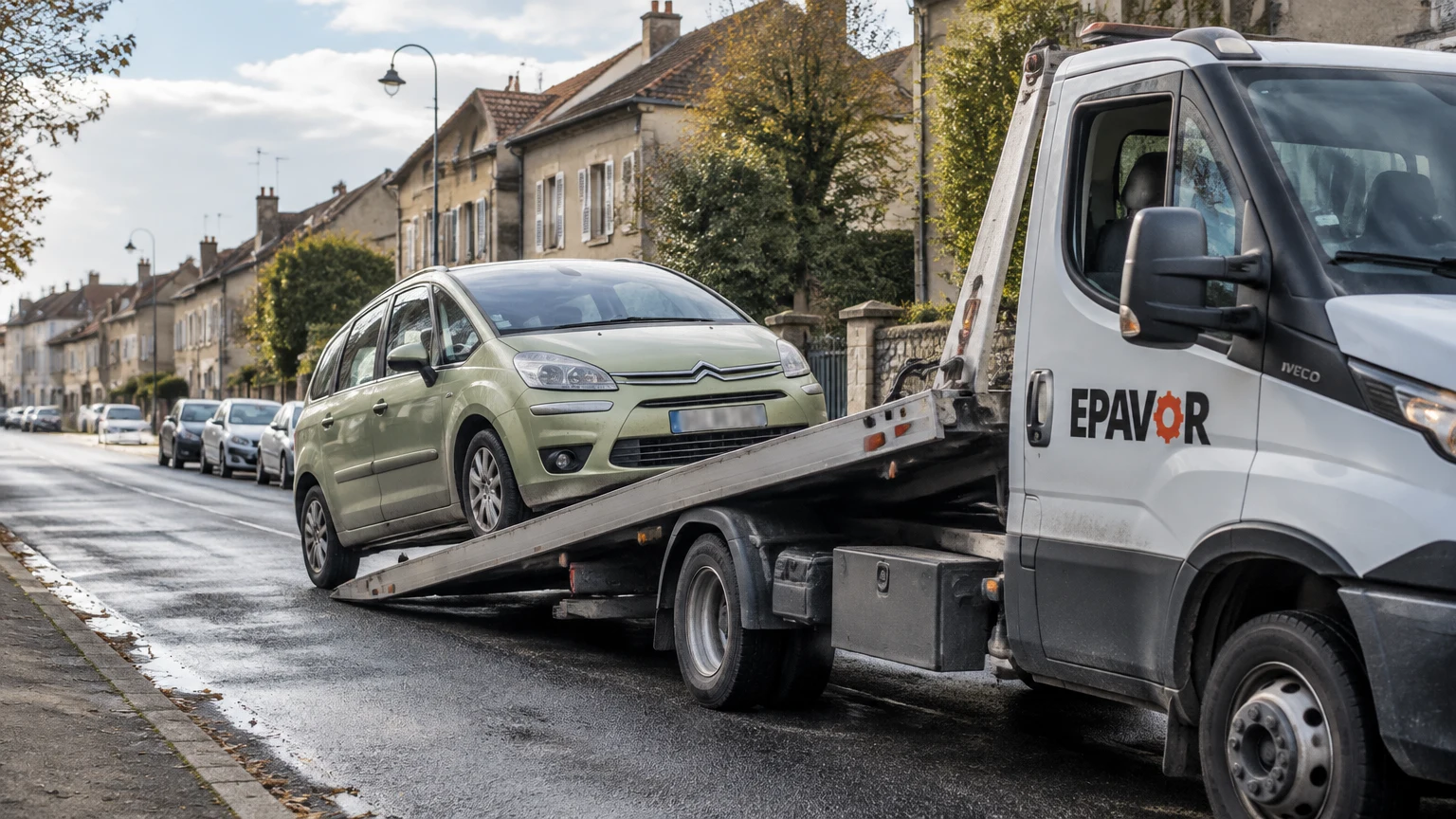 Illustration d’un enlèvement d’épave à Montmorillon avec une dépanneuse — service d’épaviste.