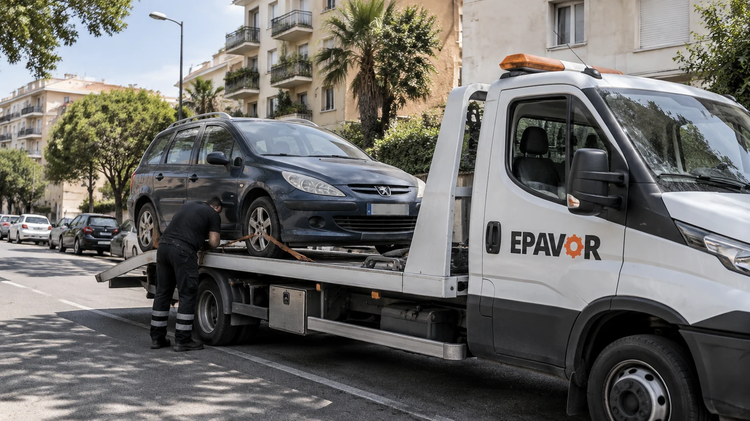 Illustration d’un enlèvement d’épave à Montpellier avec une dépanneuse — service d’épaviste.
