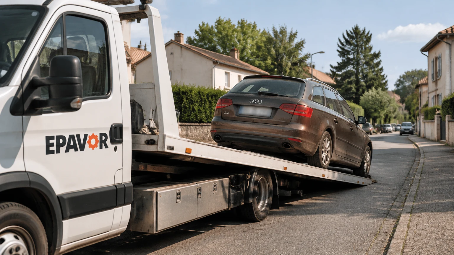 Illustration d’un enlèvement d’épave à Montrevel-en-Bresse avec une dépanneuse — service d’épaviste.