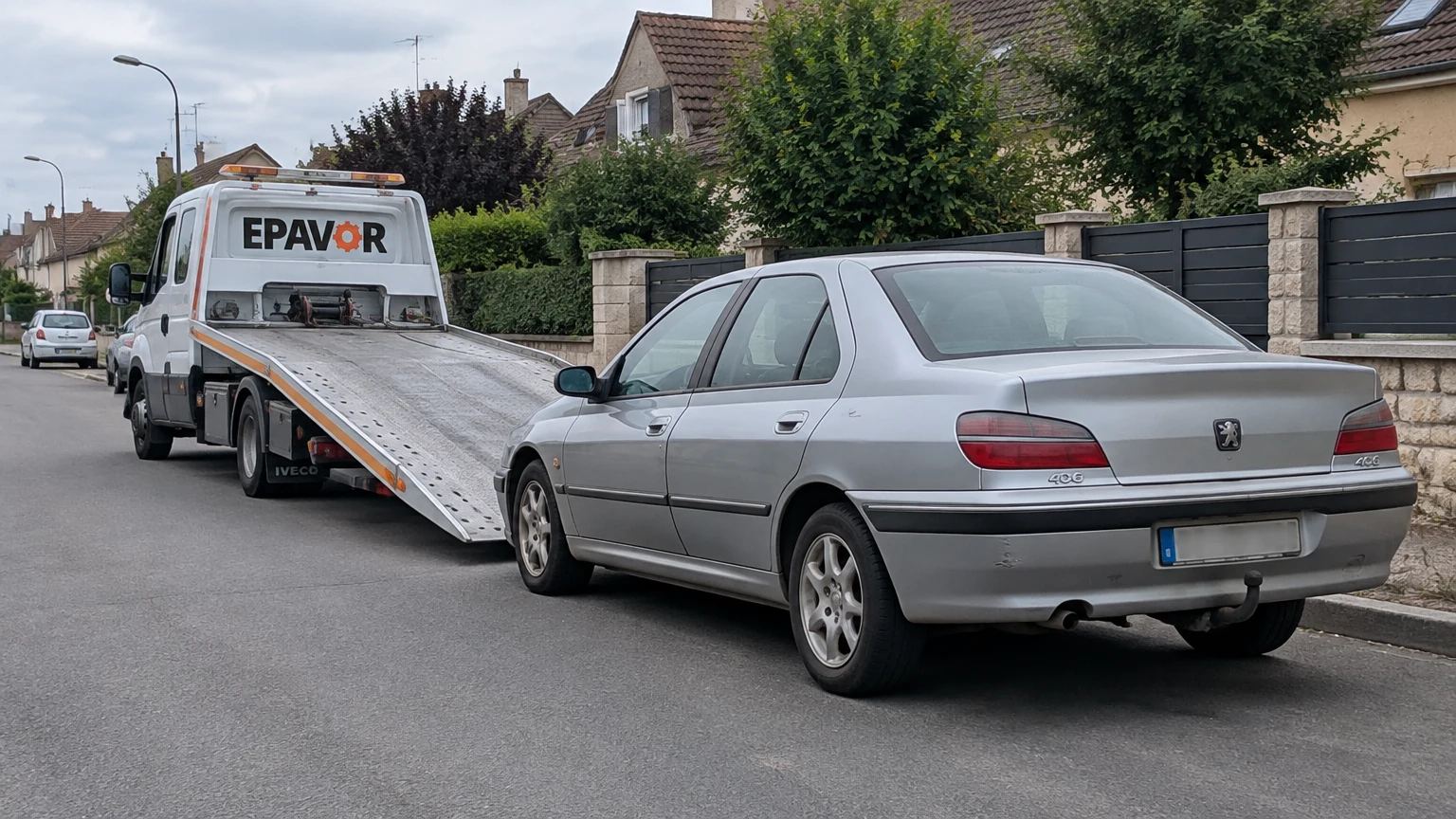 Illustration d’un enlèvement d’épave à Montry avec une dépanneuse — service d’épaviste.