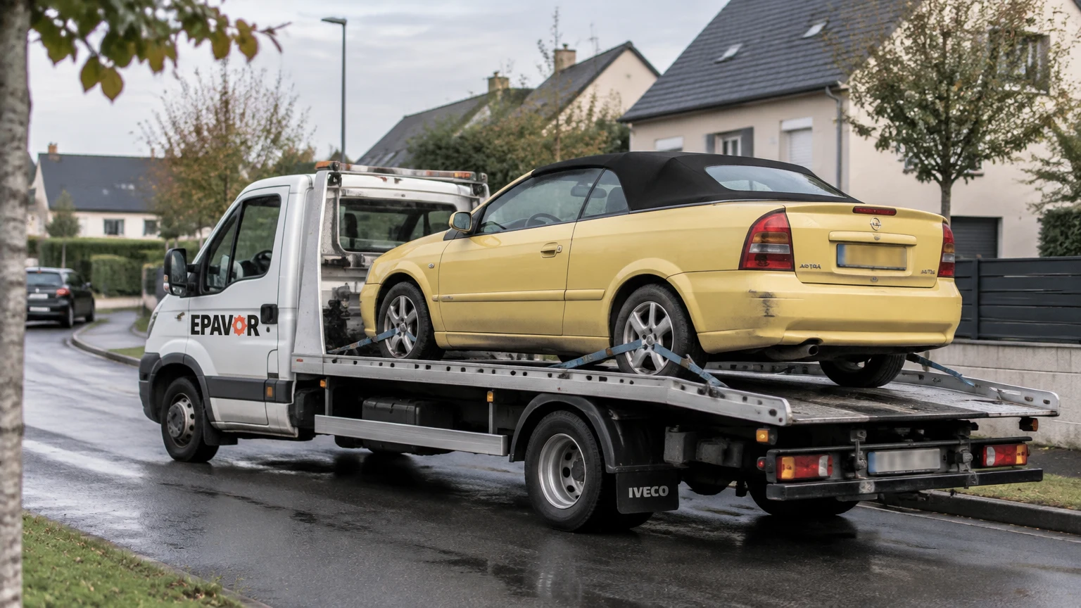 Illustration d’un enlèvement d’épave à Mordelles avec une dépanneuse — service d’épaviste.