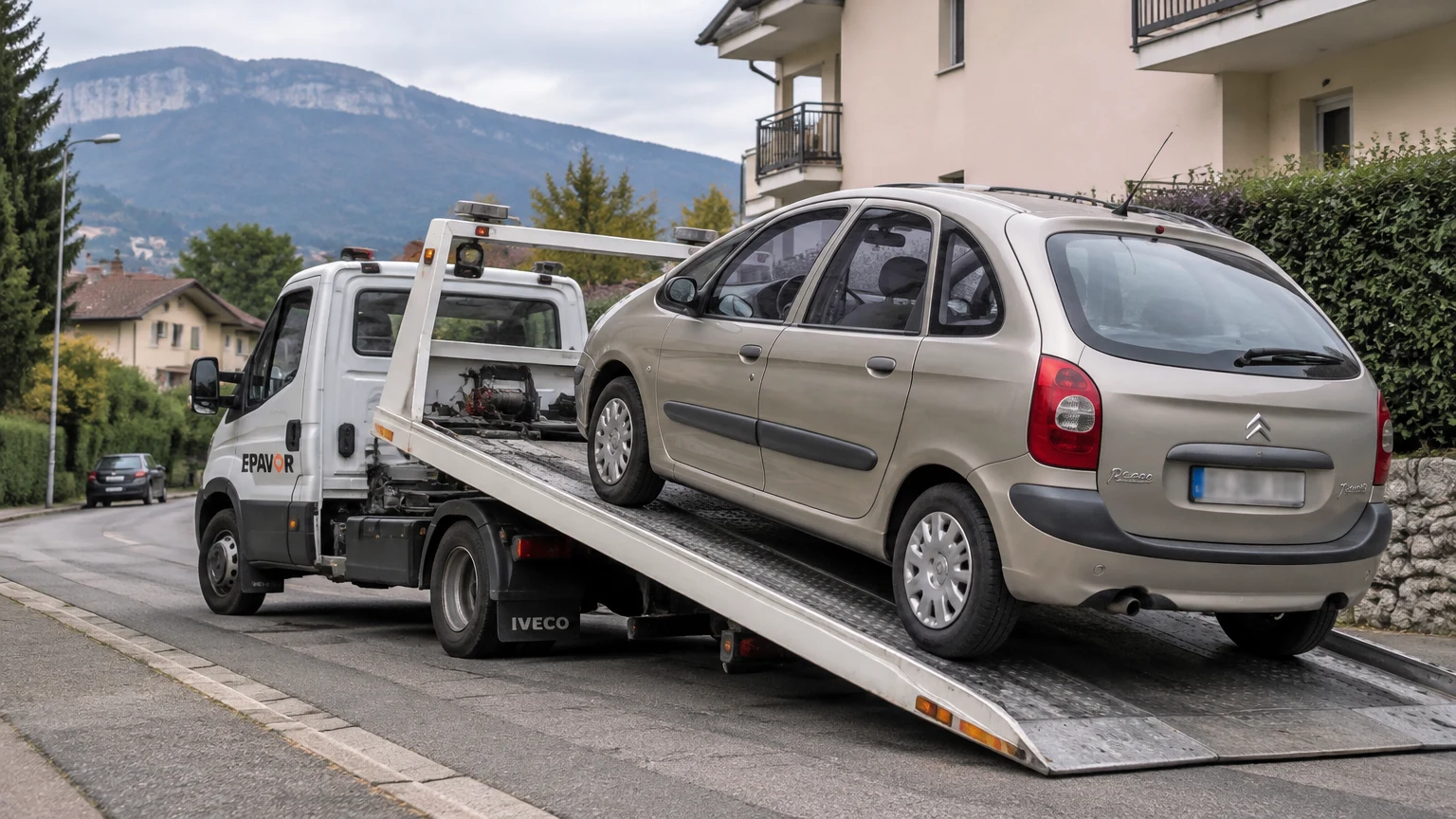 Illustration d’un enlèvement d’épave à Mouxy avec une dépanneuse — service d’épaviste.