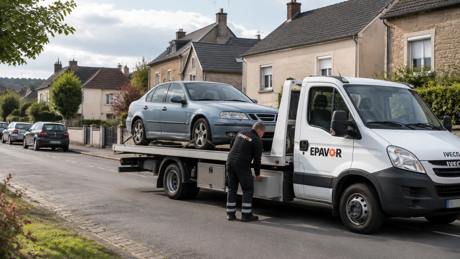 Illustration d’un enlèvement d’épave à Mouzon avec une dépanneuse — service d’épaviste.